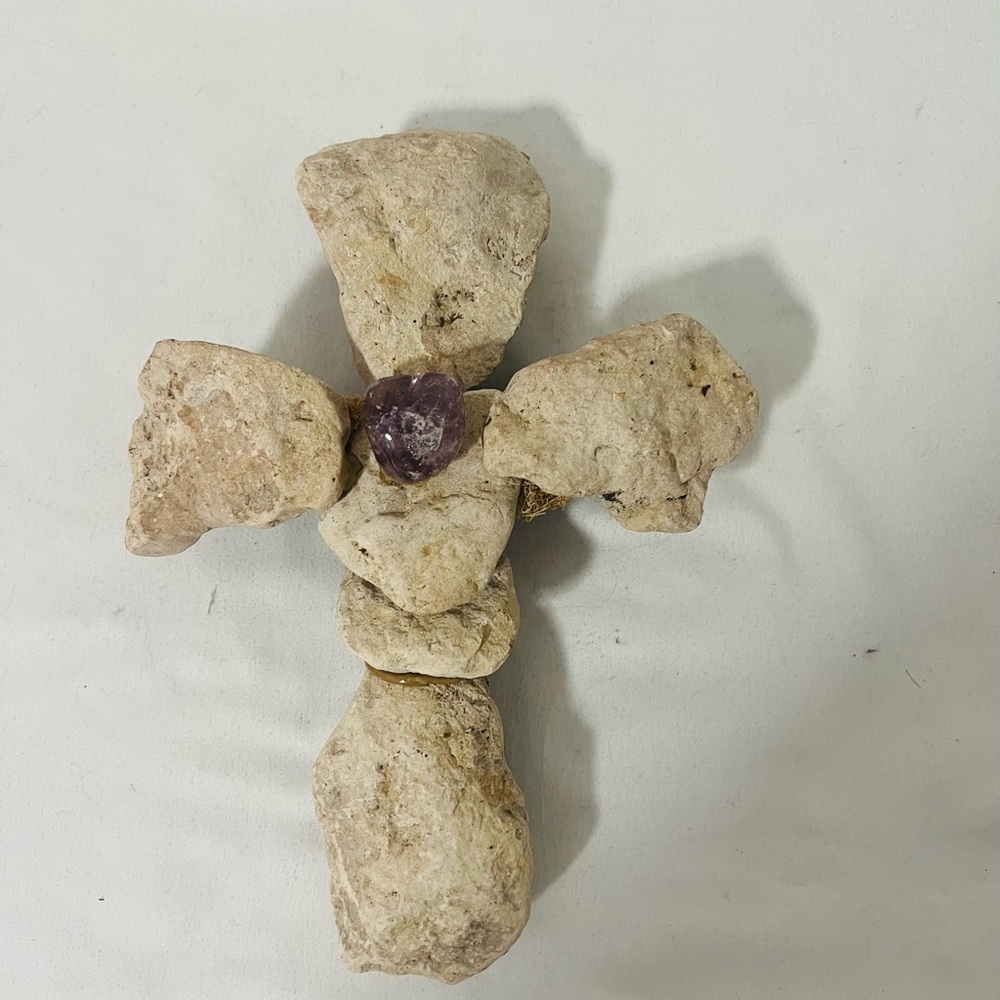 Handcrafted Cross Made of Stone with Amethyst Accent and Wooden Stick Heavy Rare